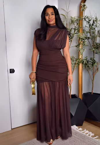 Noelia Vestido Bodycon de Malla Plisada Marrón