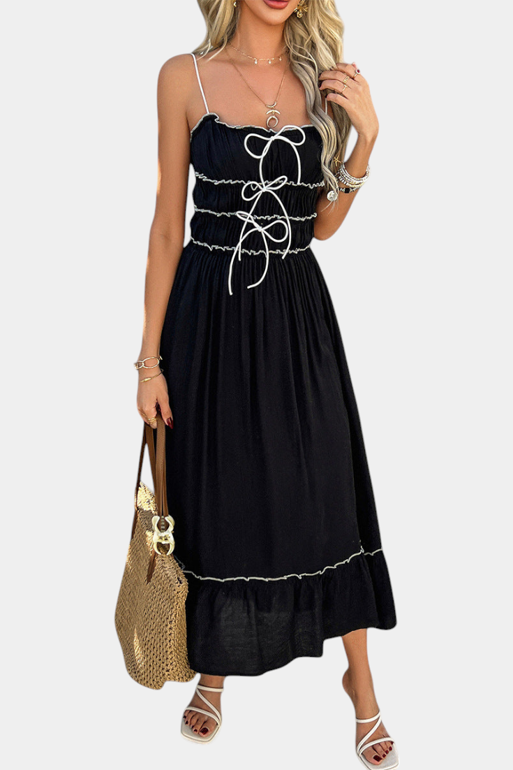 Luz Vestido A-Line Strappy con dobladillo rizado