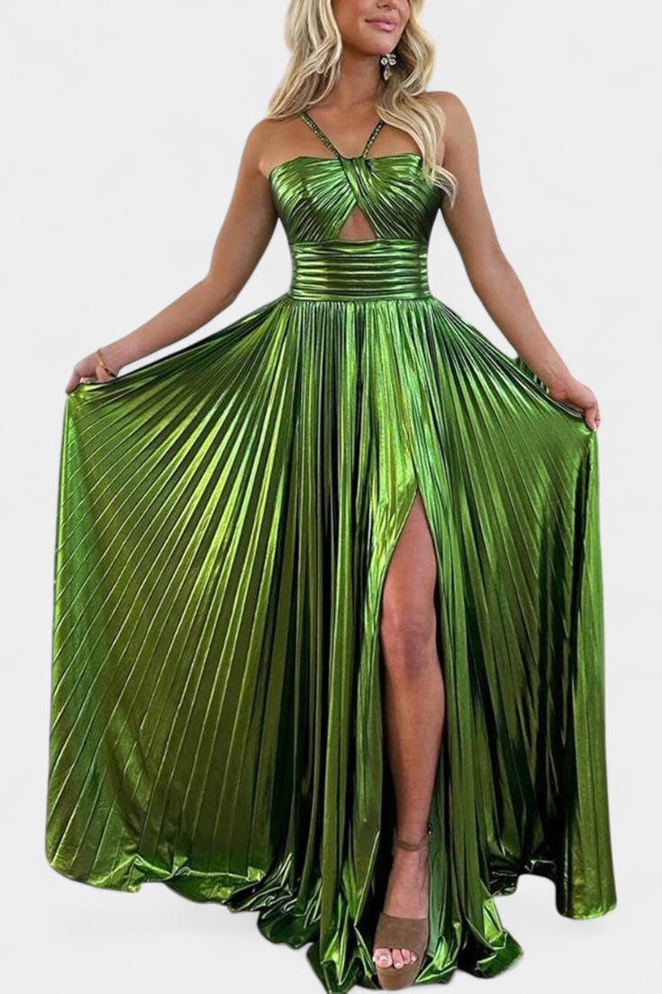 Aikaterini Vestido Maxi Metálico con Cuello Cruzado y Abertura