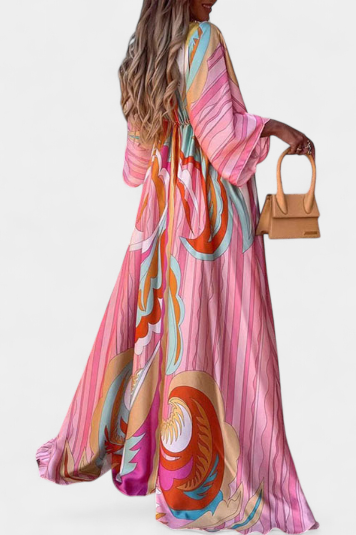 Joelle Vestido Maxi Arcoíris con Escote en V y Manga Murciélago