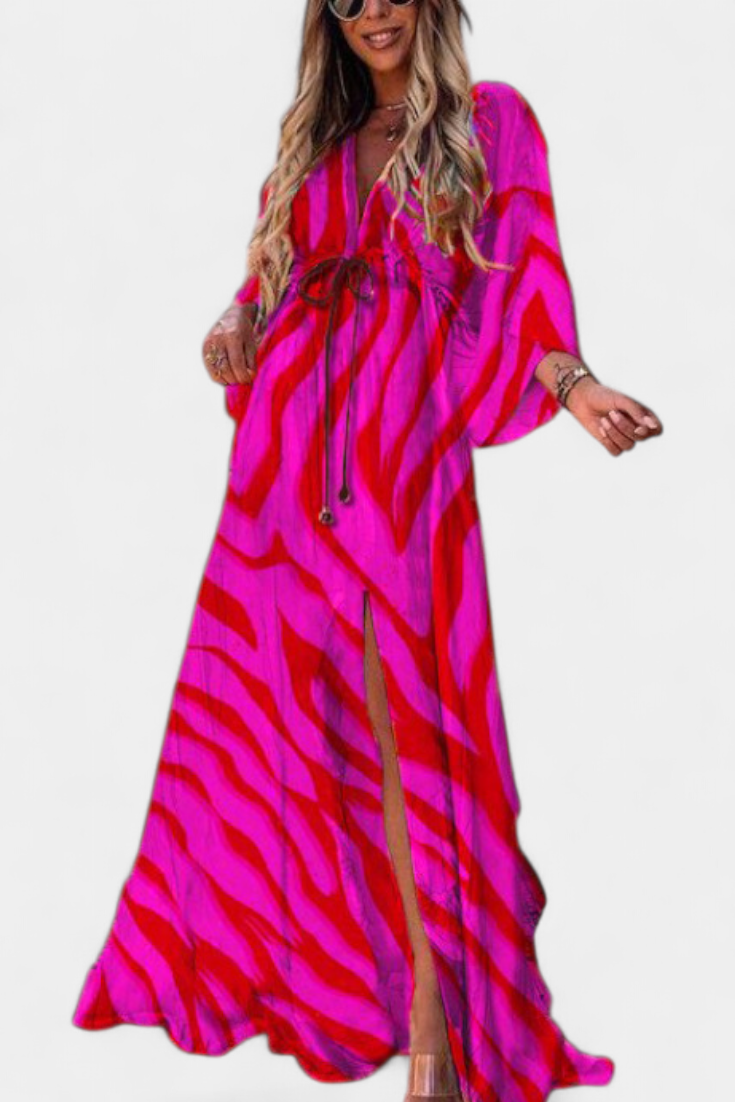 Joelle Vestido Maxi Arcoíris con Escote en V y Manga Murciélago