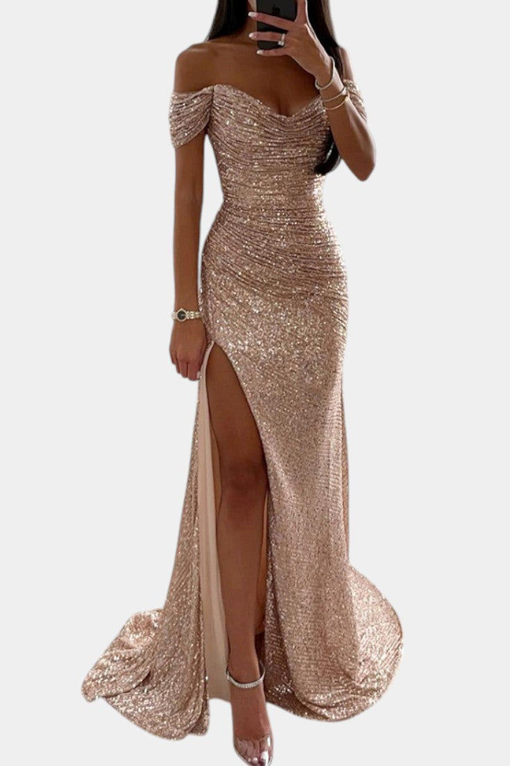 Ariel Vestido de Sirena con Lentejuelas Off-Shoulder