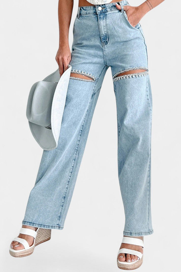 Evian Jeans Ripped Straight-Leg con Rhinestones