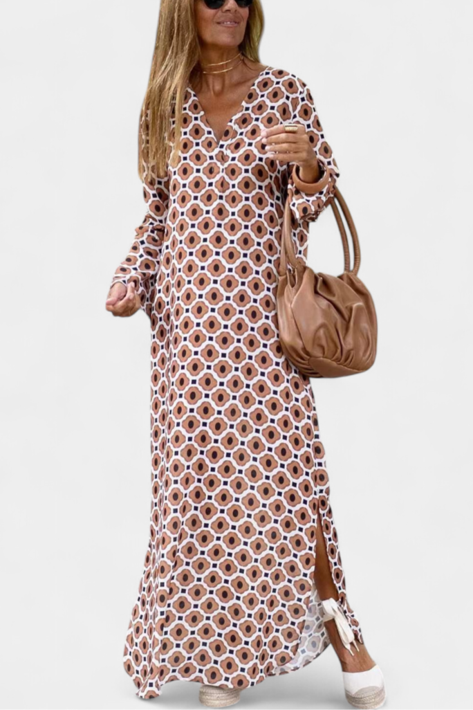 Brisa Vestido Largo Geométrico con Abertura y Escote en V