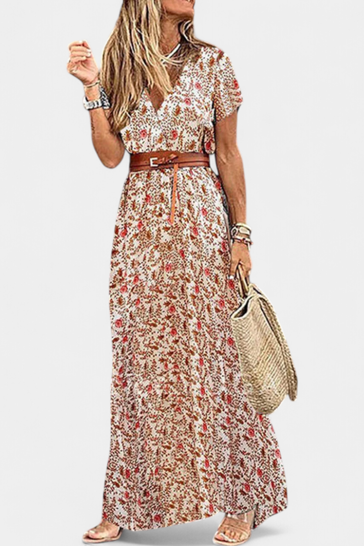 Anfisa Vestido Boho de Verano con Cinturón y Escote en V