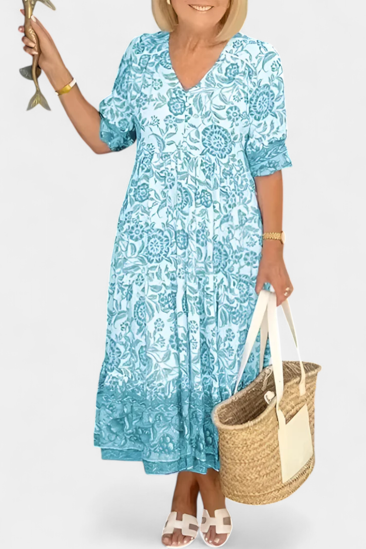 Elcira Vestido Bohemio Floral con Escote en V y Volantes