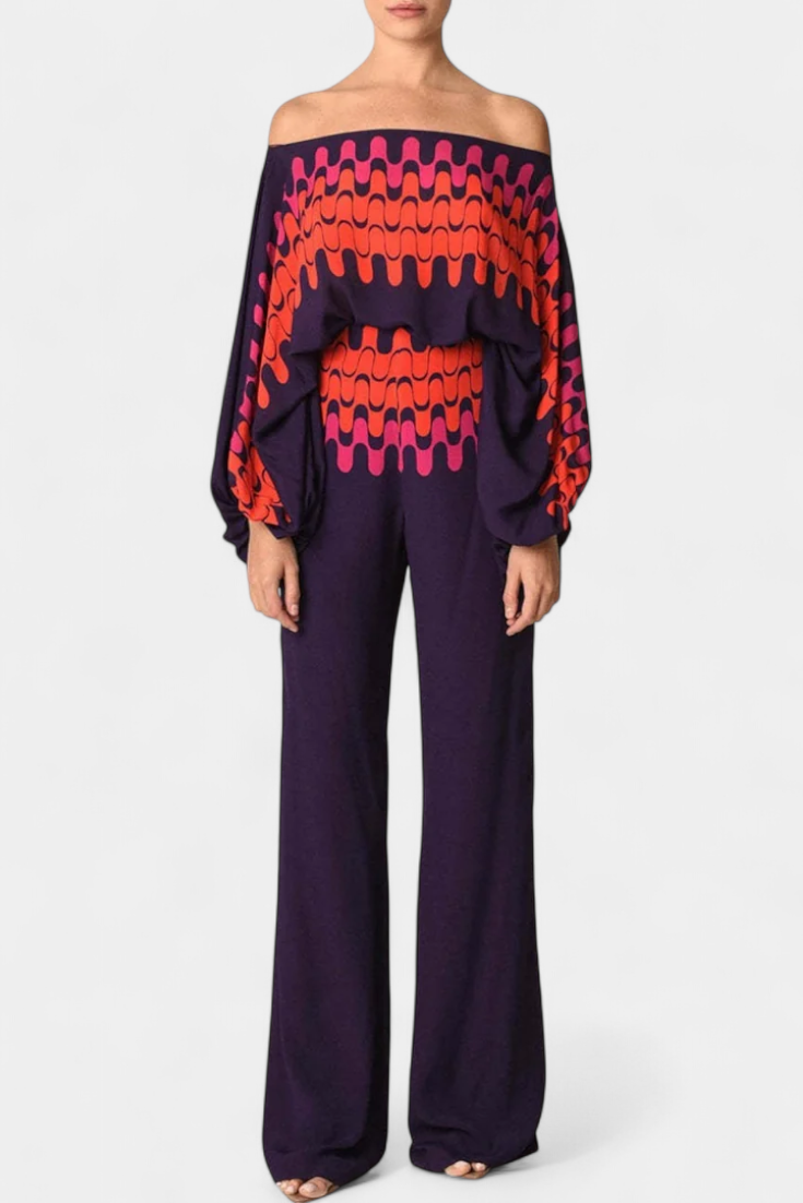 Sybella Conjunto de Dos Piezas con Hombros Descubiertos y Pantalones Amplios Estampados