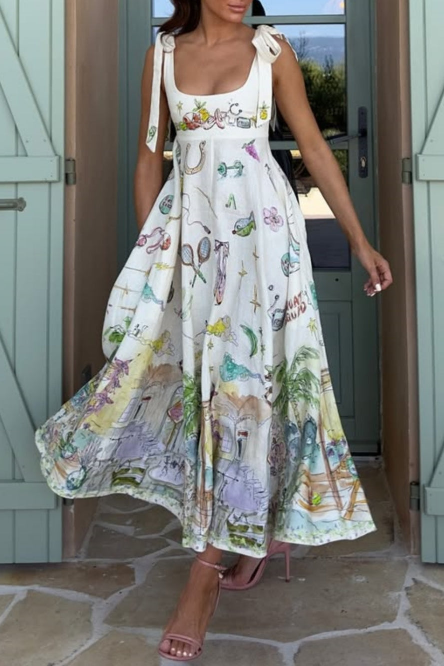 Case Vestido Largo con Cordones y Estampado Floral Fantasía