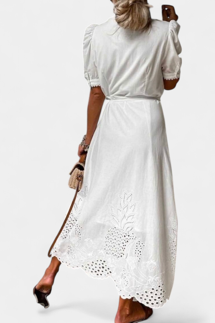 Nerea Vestido Camisero Bordado con Cinturón y Manga Abullonada