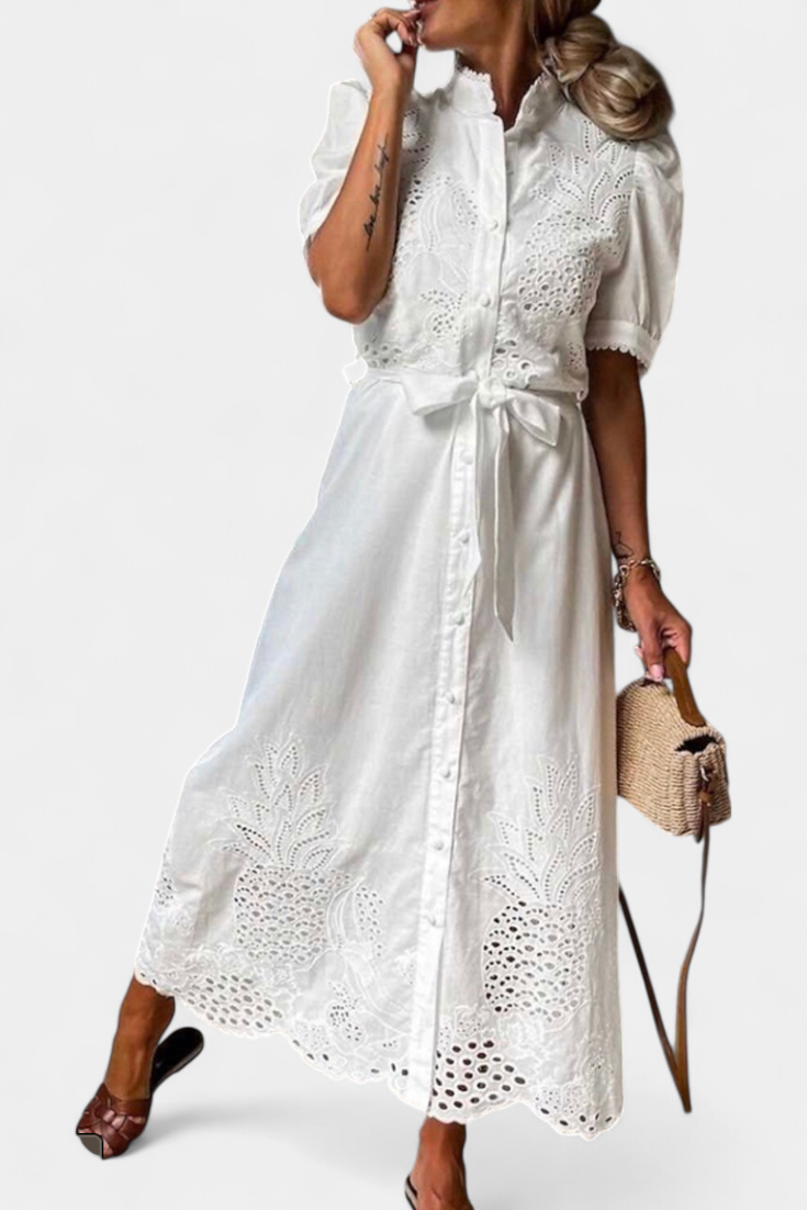 Nerea Vestido Camisero Bordado con Cinturón y Manga Abullonada