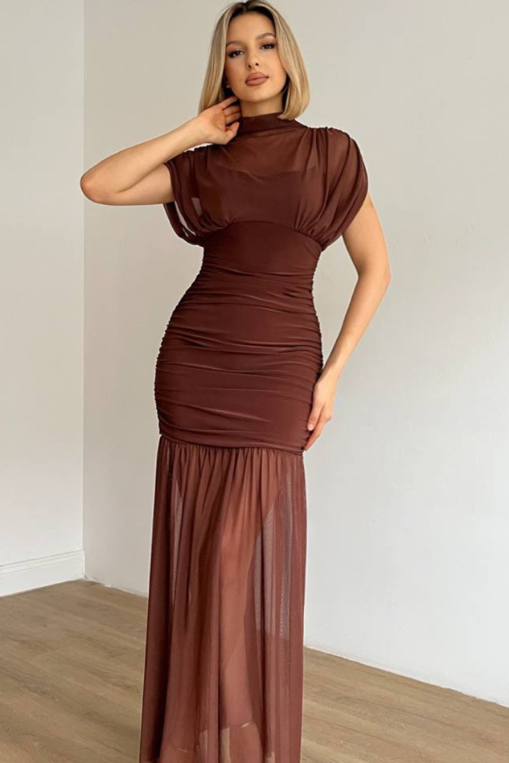 Noelia Vestido Bodycon de Malla Plisada Marrón