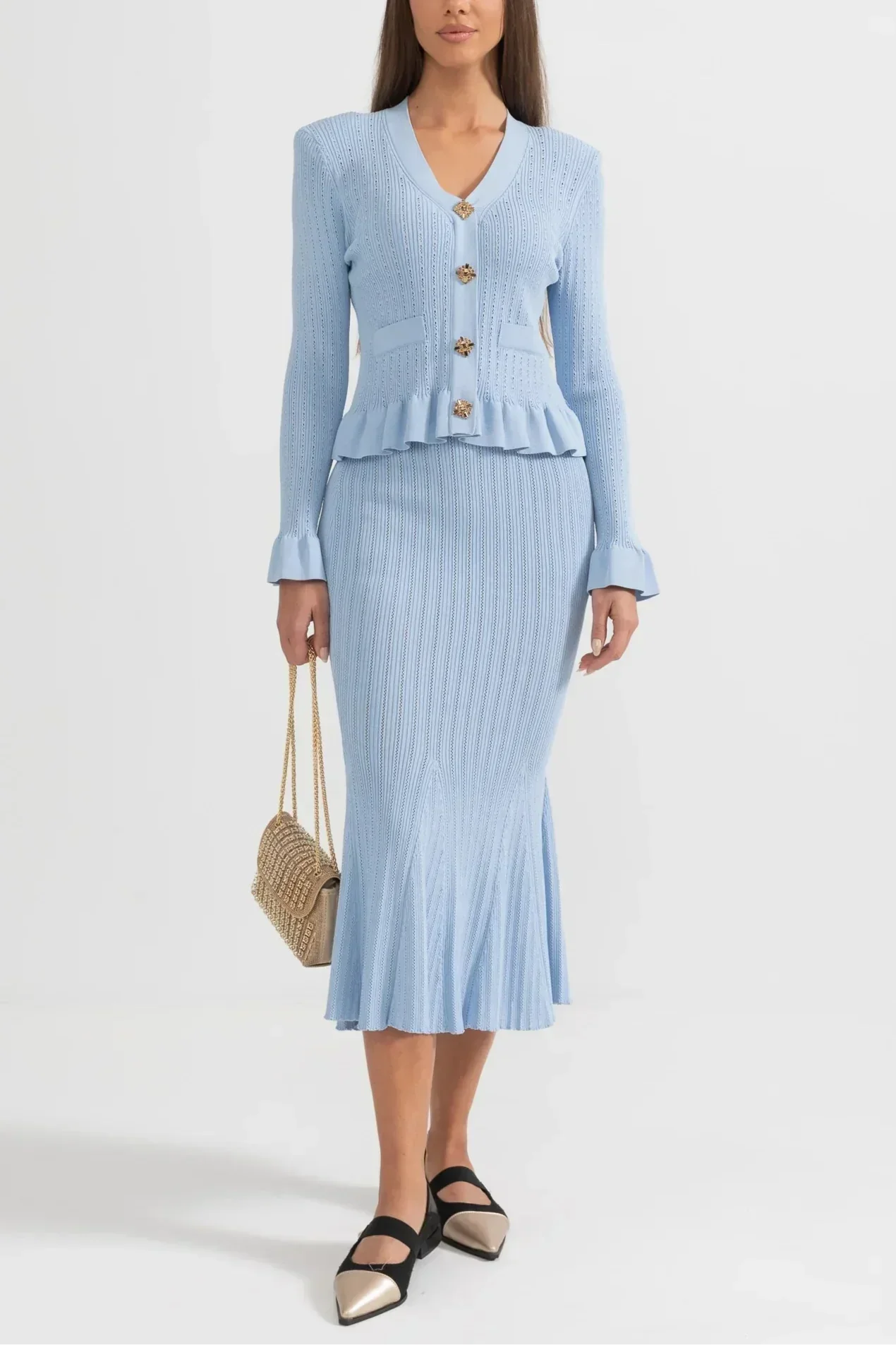 Prudence Conjunto de Vestido Midi de Punto Refinado y Top con Botones