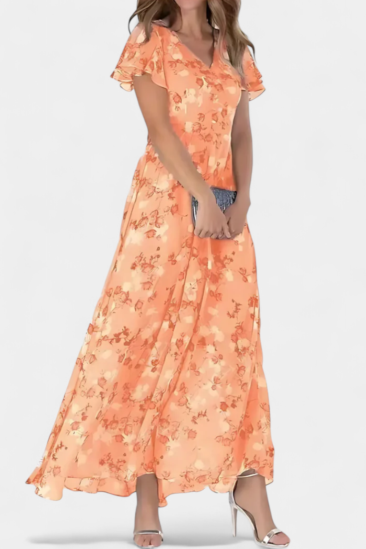 Amara Vestido Maxi Floral con Escote en V y Mangas Aladas