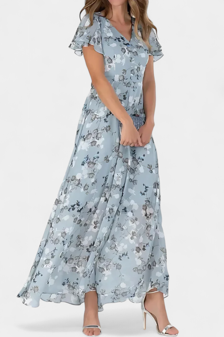 Amara Vestido Maxi Floral con Escote en V y Mangas Aladas