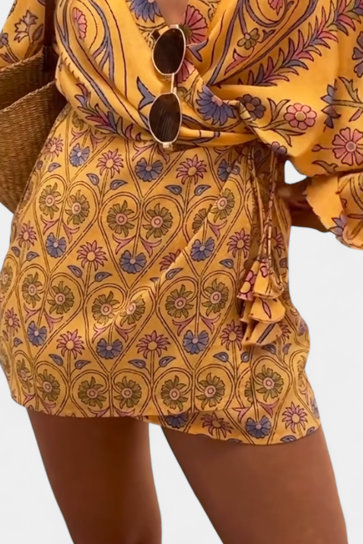 Candela Vestido Boho con Estampado Floral y Escote en V Cruzado