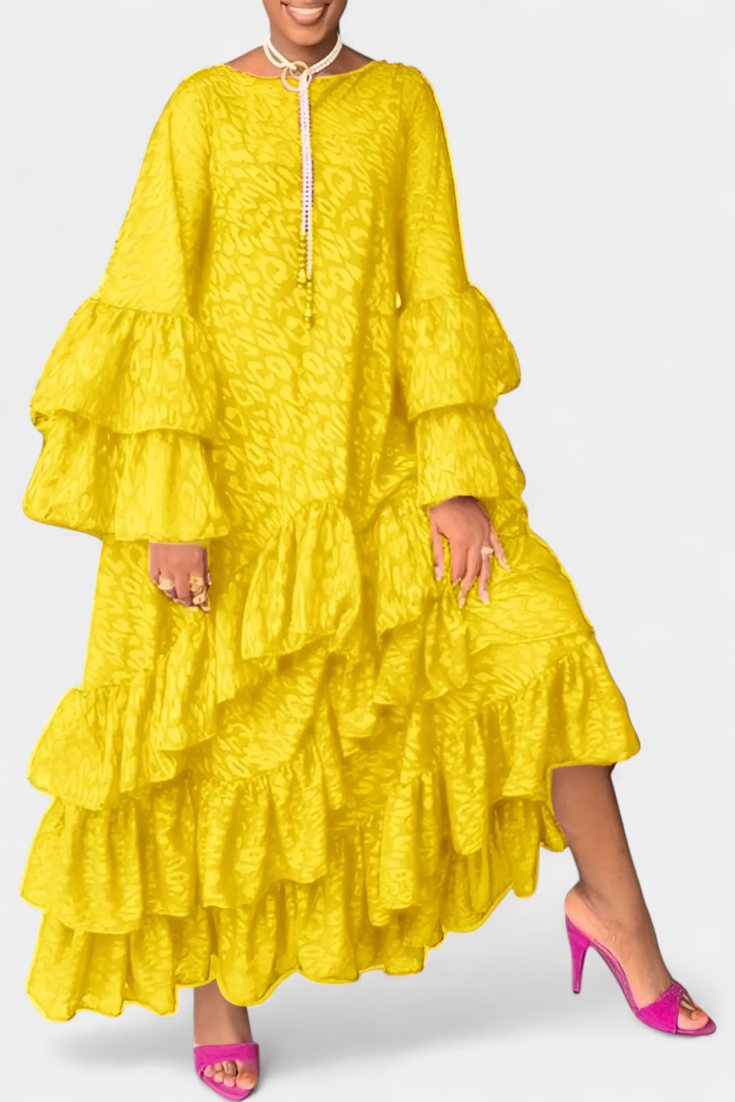 Eliselle Vestido Maxi Asimétrico con Volantes y Mangas Acampanadas