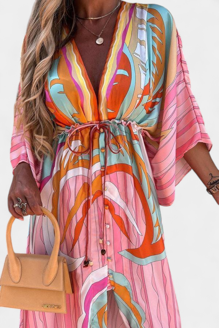 Joelle Vestido Maxi Arcoíris con Escote en V y Manga Murciélago