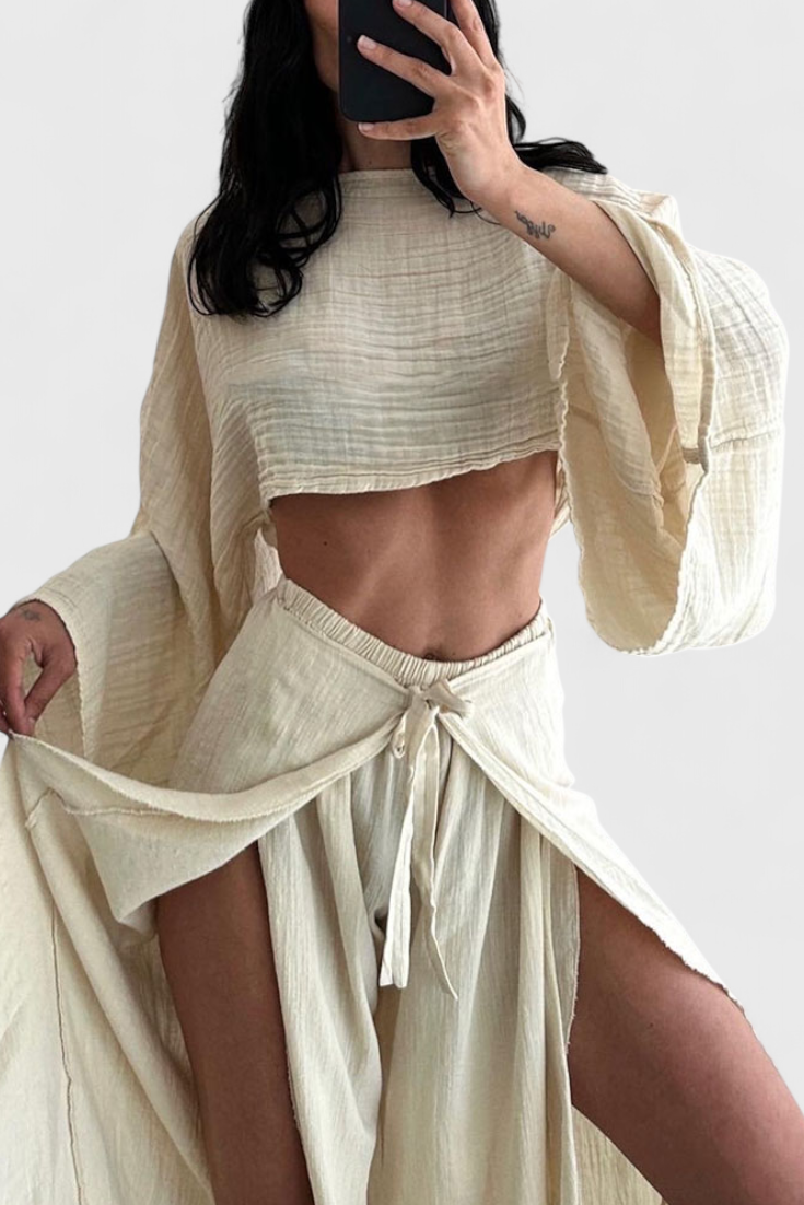Elsie Conjunto Fluido con Kimono y Pantalón Cruzado