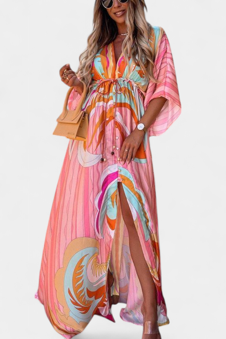 Joelle Vestido Maxi Arcoíris con Escote en V y Manga Murciélago