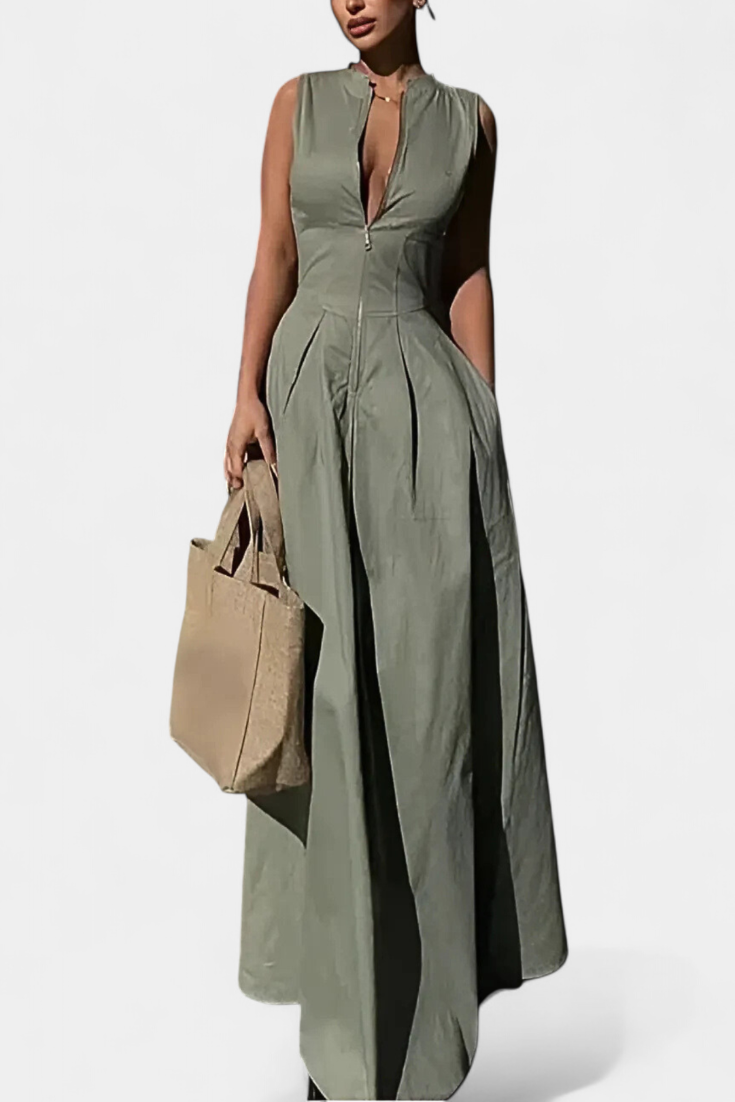 Blanca Mono Sin Mangas de Pierna Ancha con Pliegues y Cuello Redondo