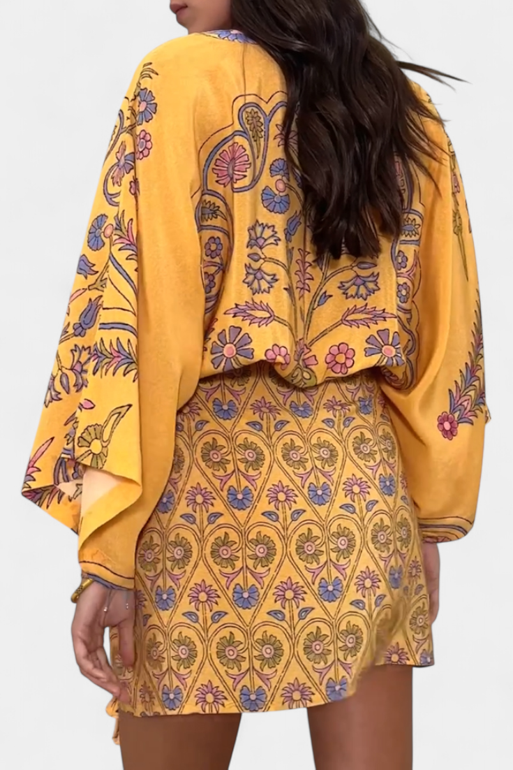 Candela Vestido Boho con Estampado Floral y Escote en V Cruzado