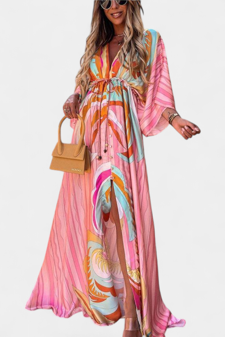 Joelle Vestido Maxi Arcoíris con Escote en V y Manga Murciélago