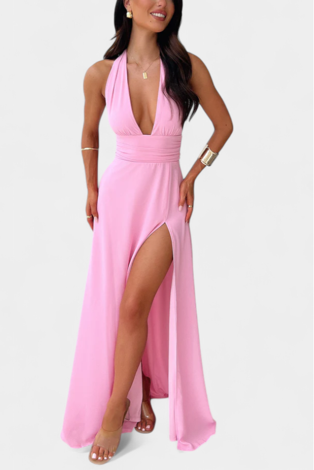 Latisha Vestido de Cuello Halter y Gran Abertura