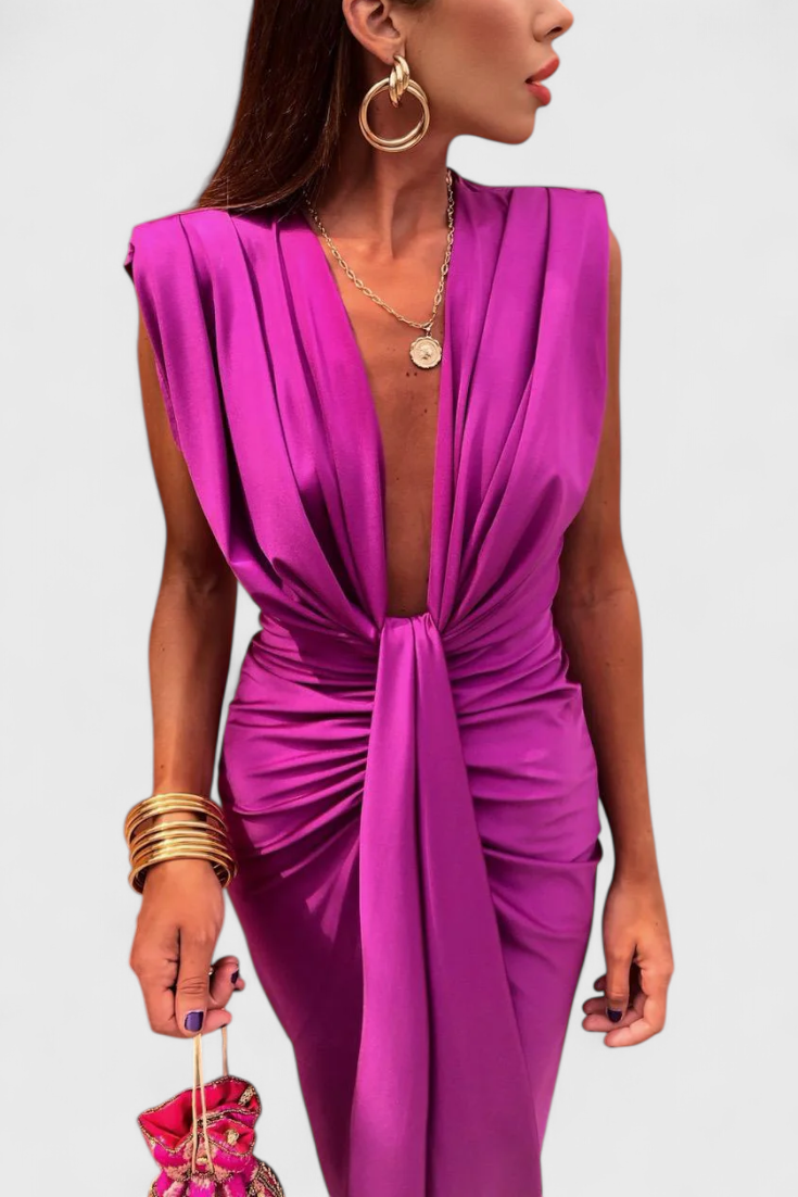 Lakisha Vestido Midi Fruncido con Escote Profundo