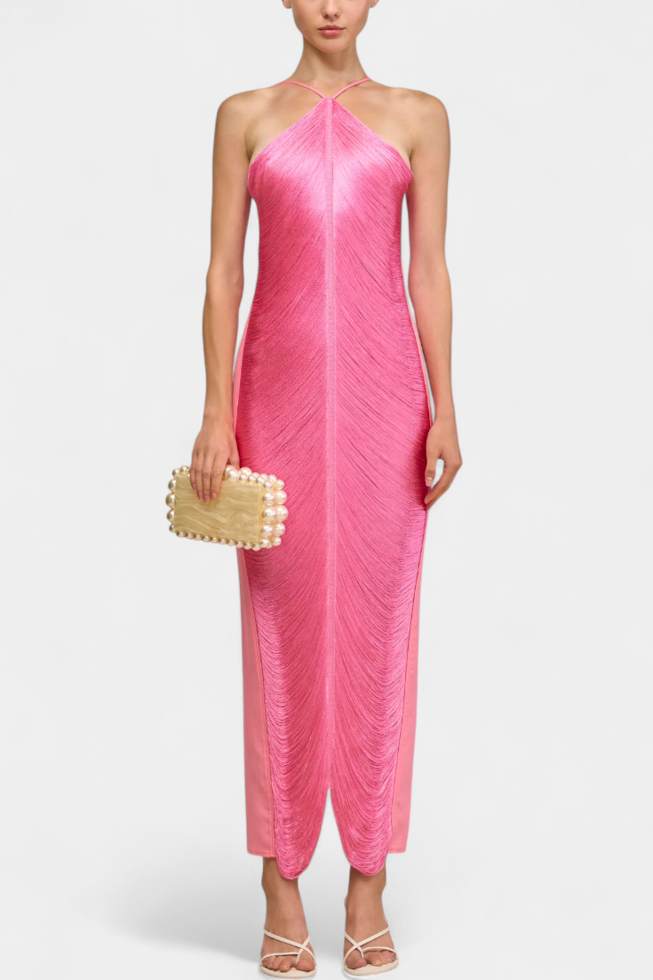 Jianna Vestido Halter con Flecos Metálicos