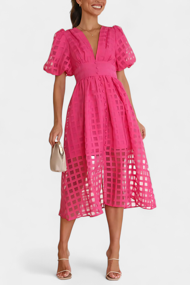 Marigold Vestido Midi de Manga Abullonada con Patrón de Cuadrados