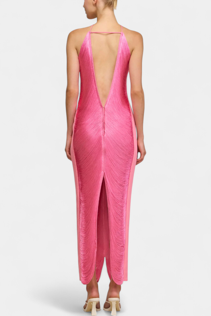 Jianna Vestido Halter con Flecos Metálicos