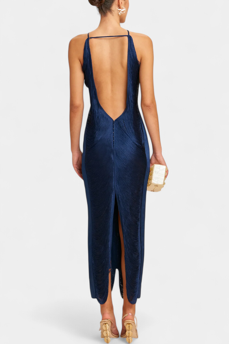 Jianna Vestido Halter con Flecos Metálicos