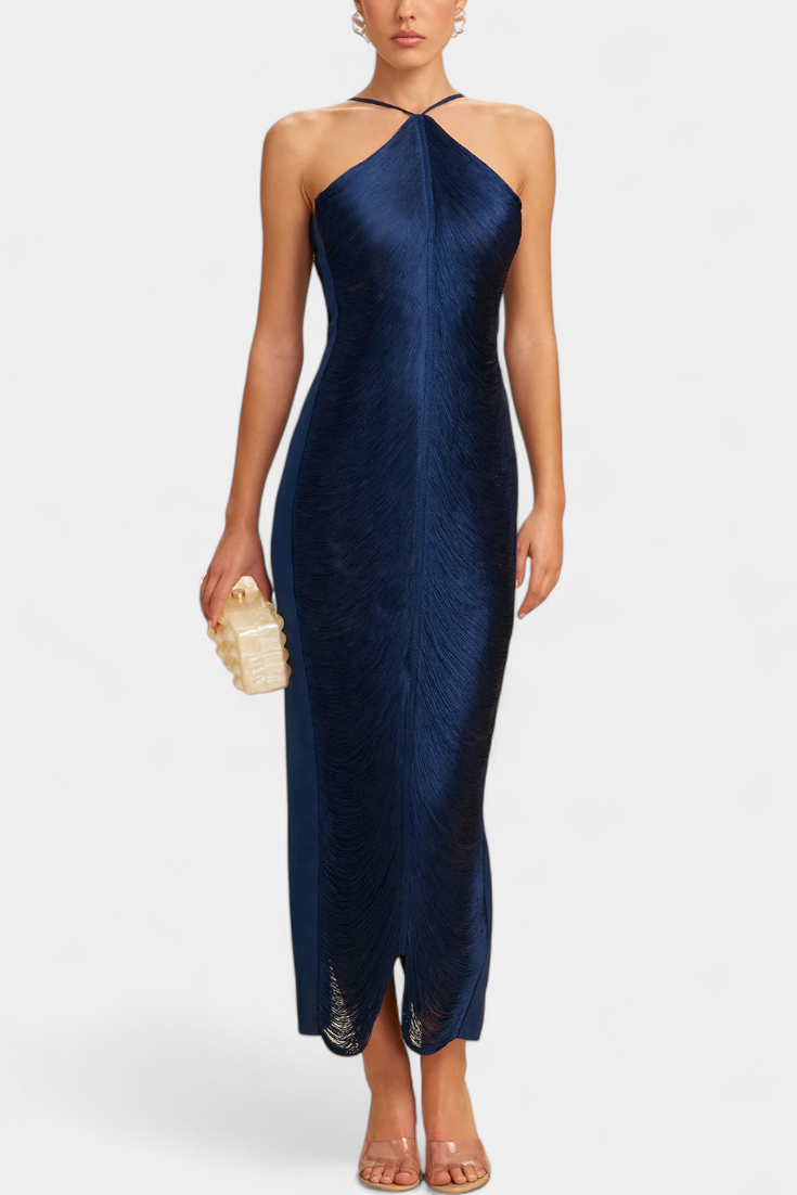 Jianna Vestido Halter con Flecos Metálicos