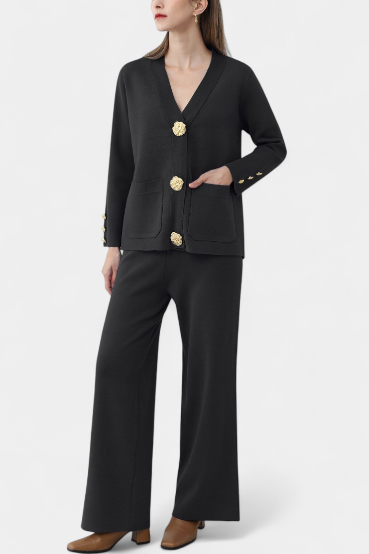 Aireen Conjunto de Punto con Cárdigan y Pantalón de Pierna Ancha