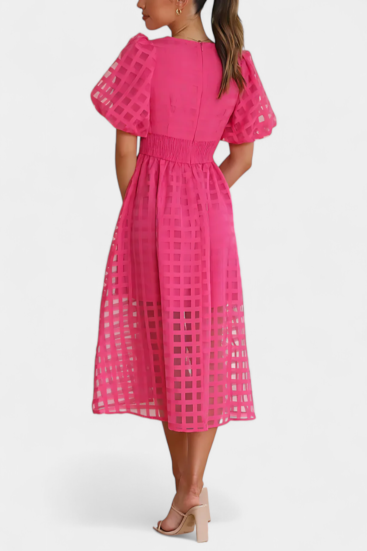 Marigold Vestido Midi de Manga Abullonada con Patrón de Cuadrados