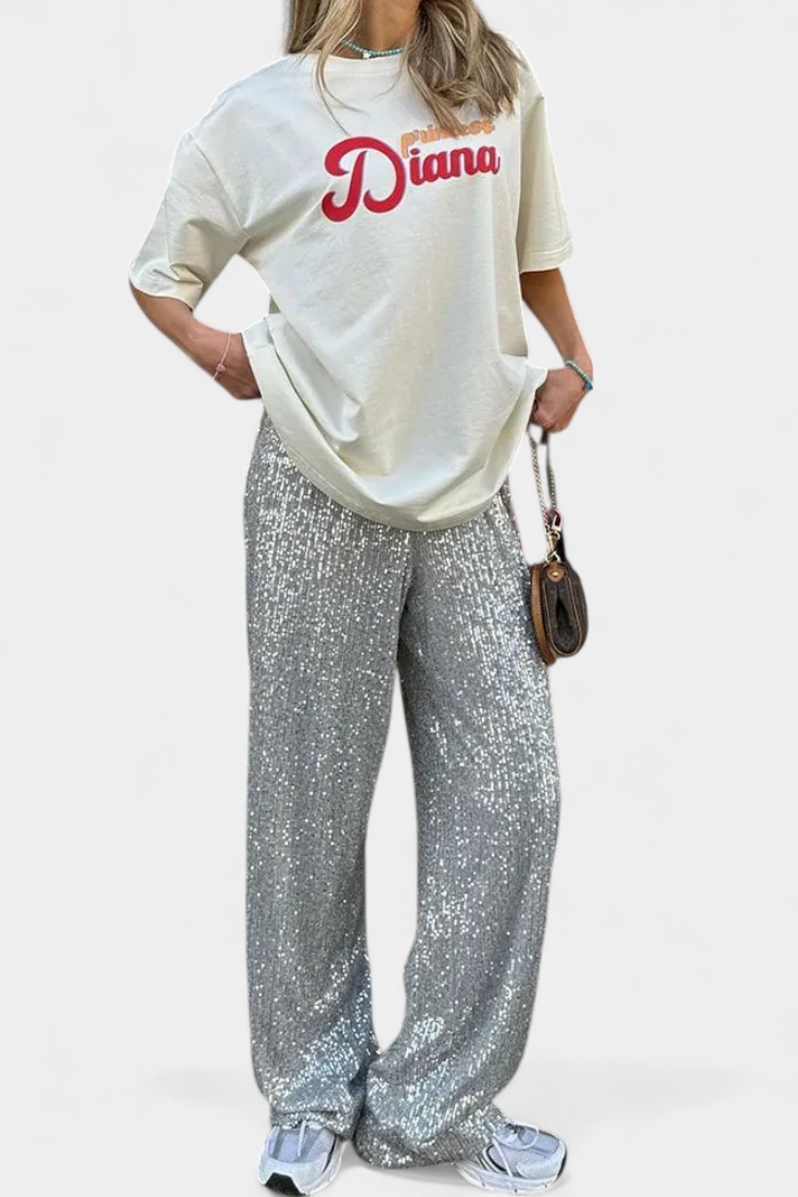 Elva Pantalones de Lentejuelas de Cintura Alta y Corte Holgado