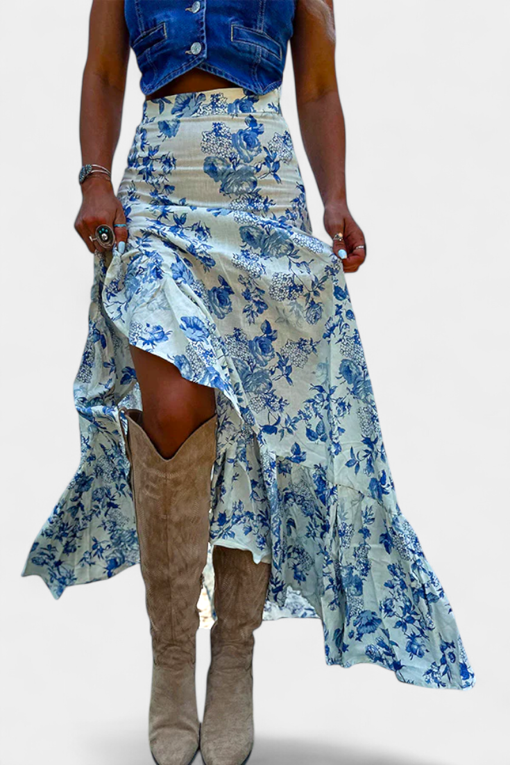 Kala Falda Maxi Floral con Abertura y Volantes