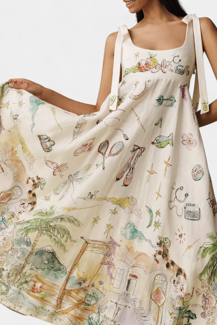 Case Vestido Largo con Cordones y Estampado Floral Fantasía