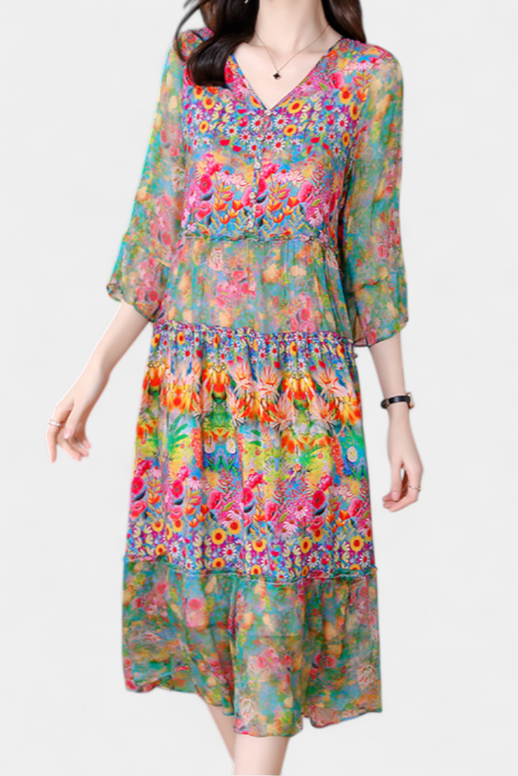 Kate Vestido Midi Vaporoso con Estampado Floral Artístico
