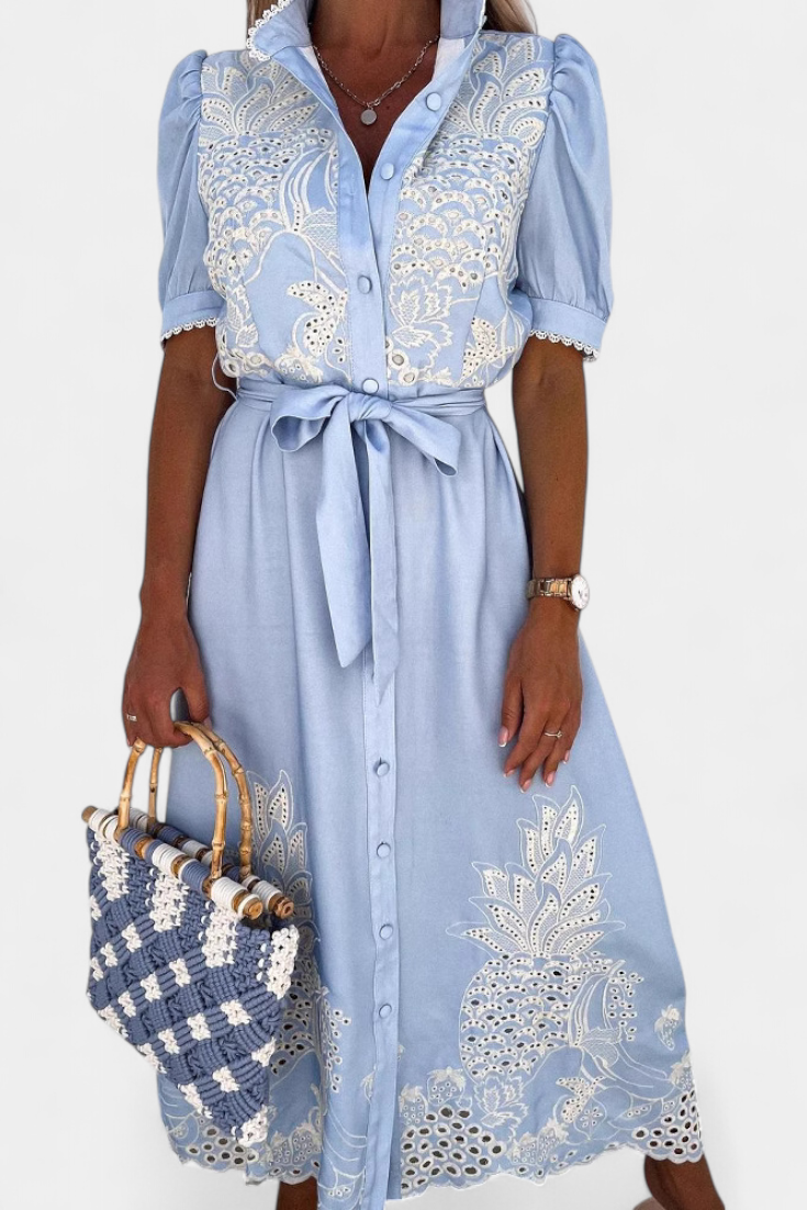 Nerea Vestido Camisero Bordado con Cinturón y Manga Abullonada