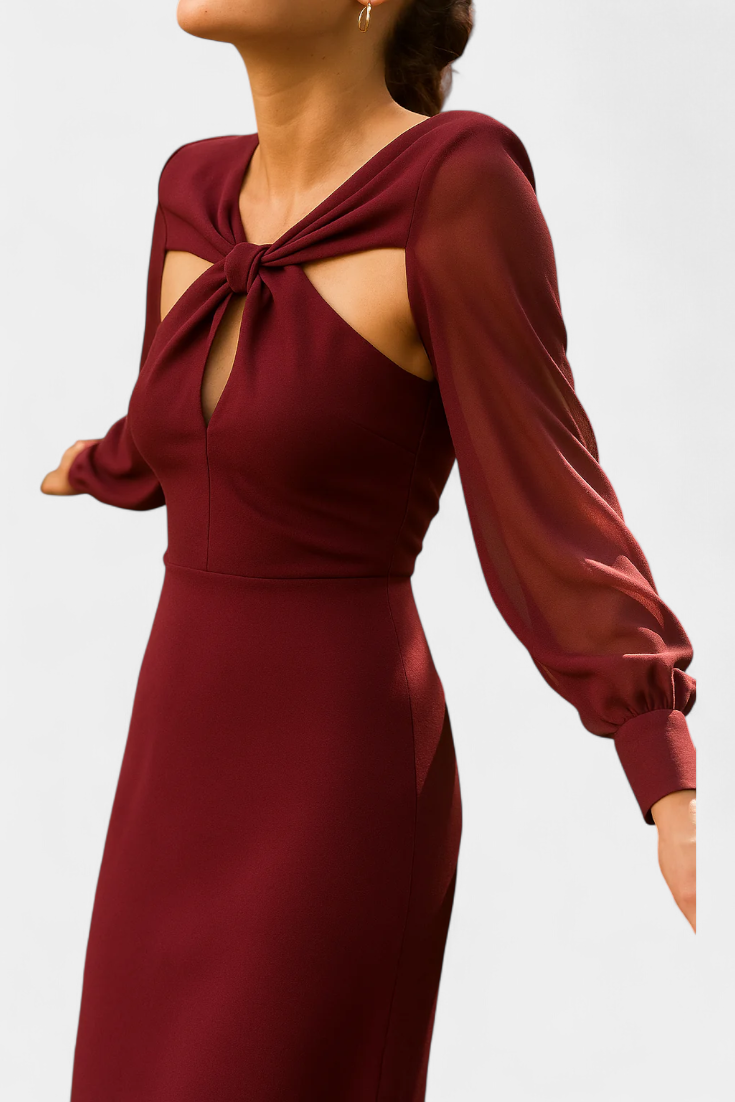 Julissa Vestido Midi Burdeos con Detalle Anudado y Espalda Abierta