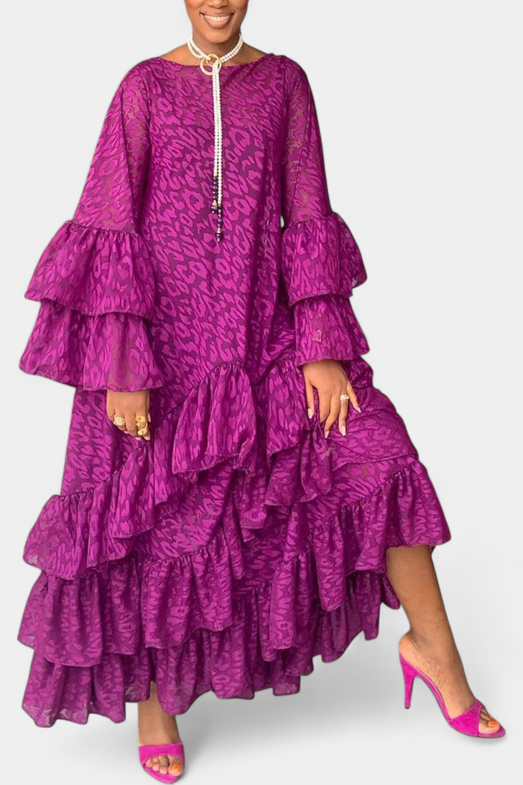 Eliselle Vestido Maxi Asimétrico con Volantes y Mangas Acampanadas