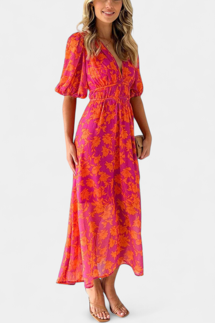 Wren Vestido Midi Floral con Escote en V y Mangas Abullonadas