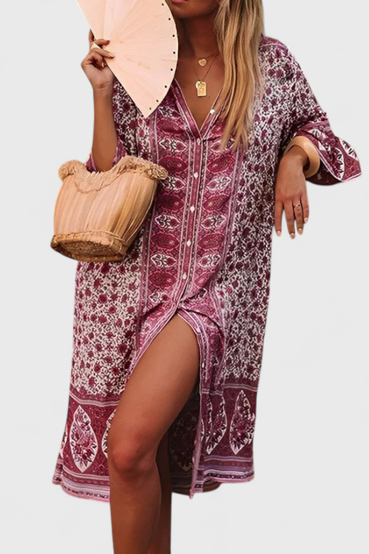 Chinara Vestido Largo Boho con Bordado Étnico y Silueta Relajada