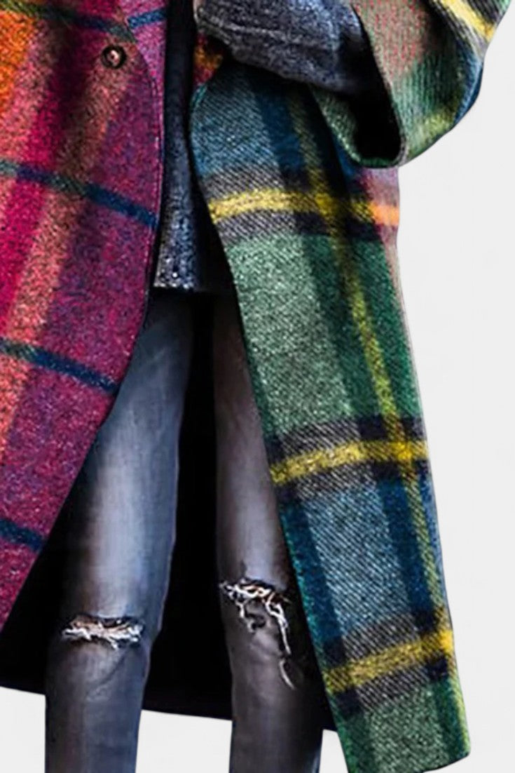 Suhana Vestido de Abrigo de Lana con Cuadros y Solapa