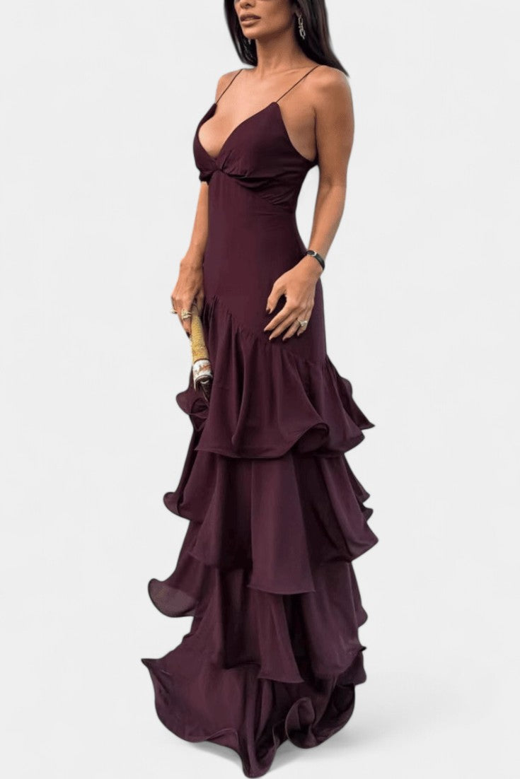 Atlana Vestido Maxi Burdeos con Volantes en Capas
