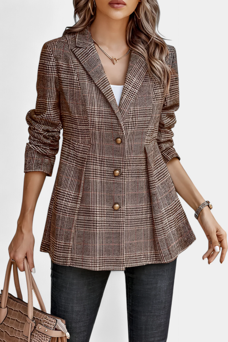 Calico Blazer Peplum a Cuadros con Solapa de Muesca