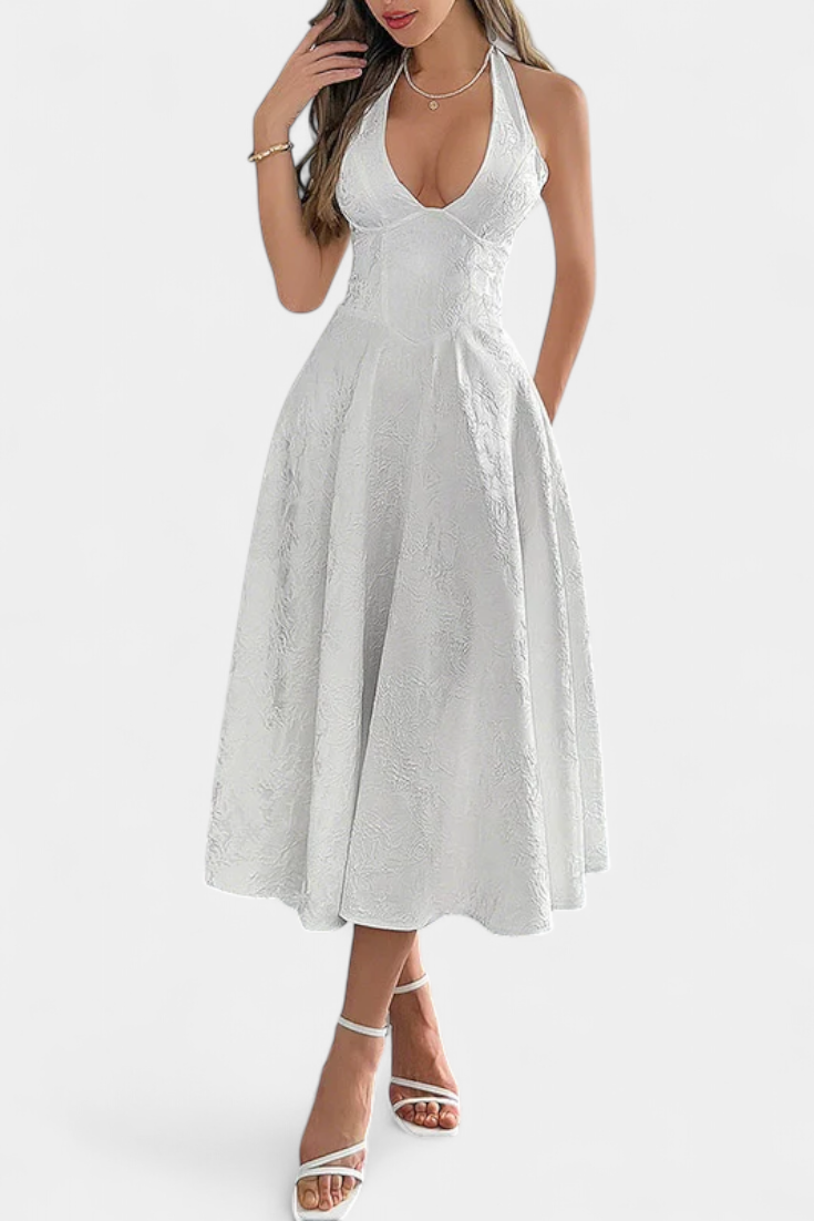 Gilda Vestido Midi Jacquard con Espalda Abierta y Cintura Alta