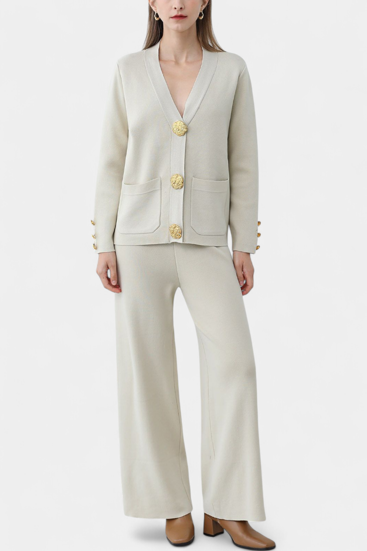 Aireen Conjunto de Punto con Cárdigan y Pantalón de Pierna Ancha