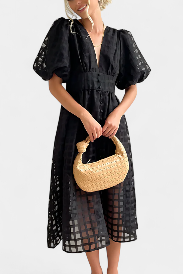 Marigold Vestido Midi de Manga Abullonada con Patrón de Cuadrados